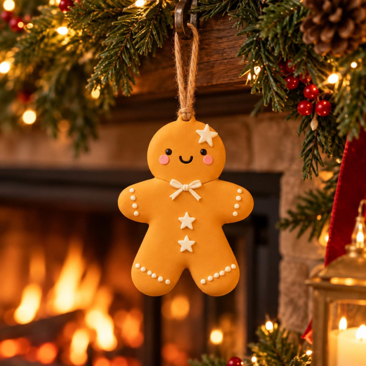 Personalized Gingerbread Ornament, 5 Colors, Name on Back, hanging by a fireplace