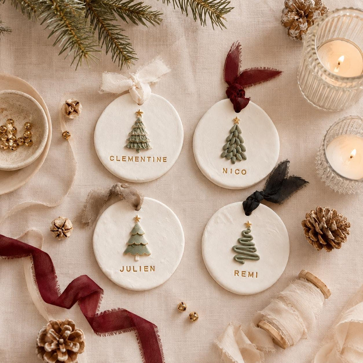 Personalized Pine Tree Clay Ornament with Name, flat lay
