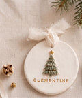 Personalized Pine Tree Clay Ornament with Name, close-up detail