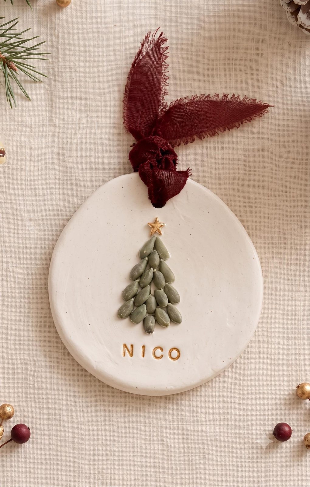 Personalized Pine Tree Clay Ornament with Name, close-up detail (view 2)