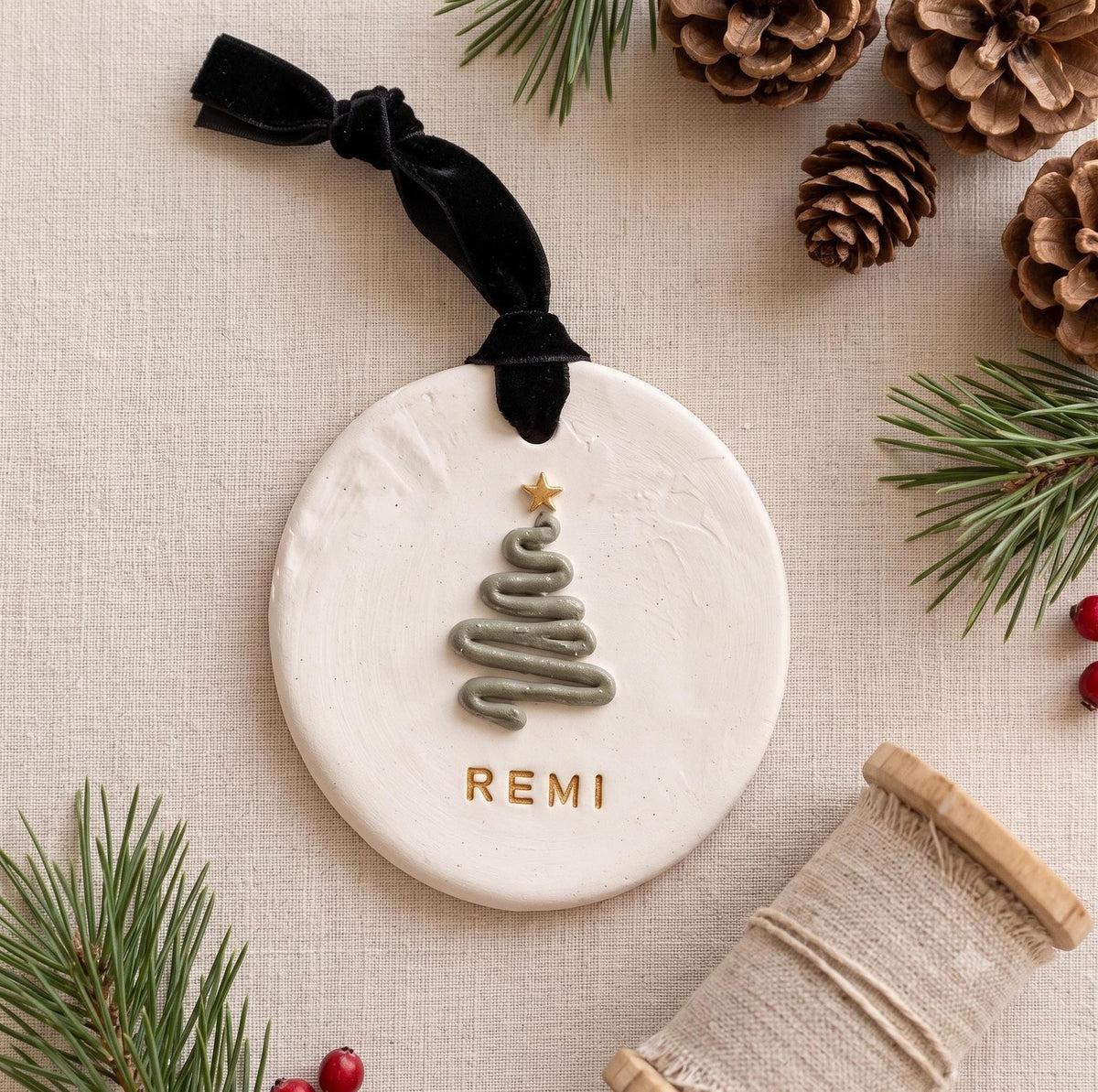 Personalized Pine Tree Clay Ornament with Name, close-up detail (view 3)