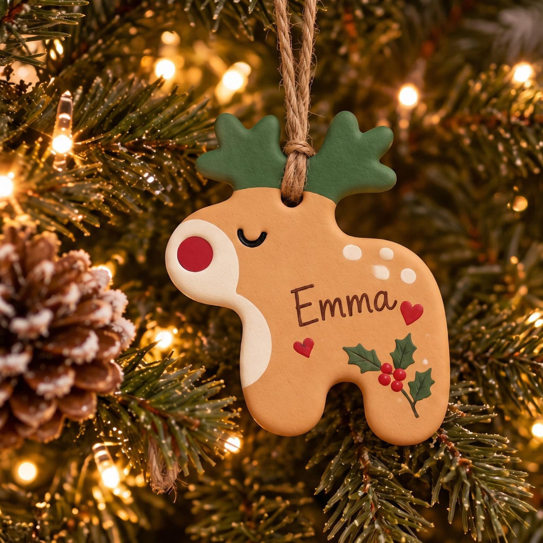 Personalized Reindeer Name Ornament, Hand-Painted Clay, with the name Emma, hanging on a tree