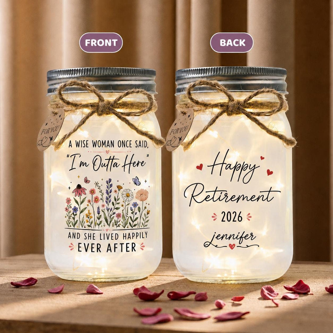 Personalized Retirement Jar Light, "I'm Outta Here", front and back designs