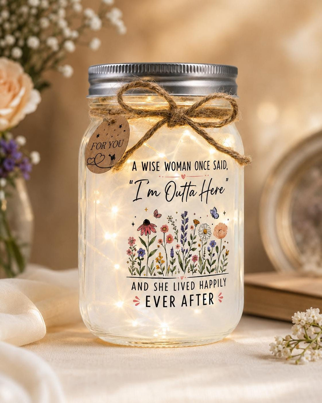 Personalized Retirement Jar Light, "I'm Outta Here", front and back designs