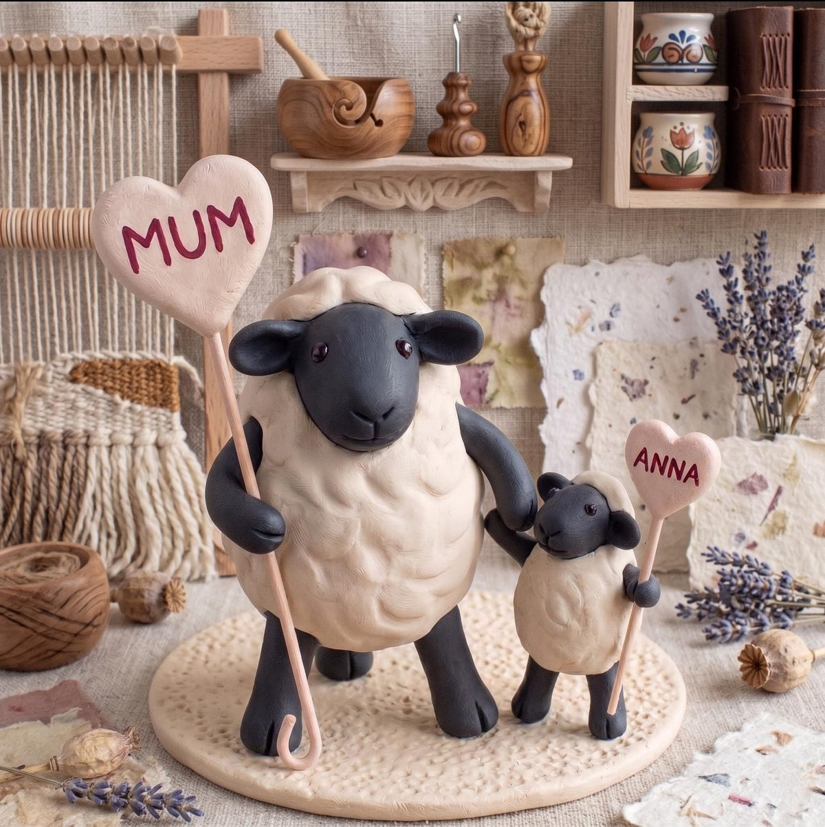 Personalized Sheep Family Figurine with Heart Names, styled in a home setting (view 2)