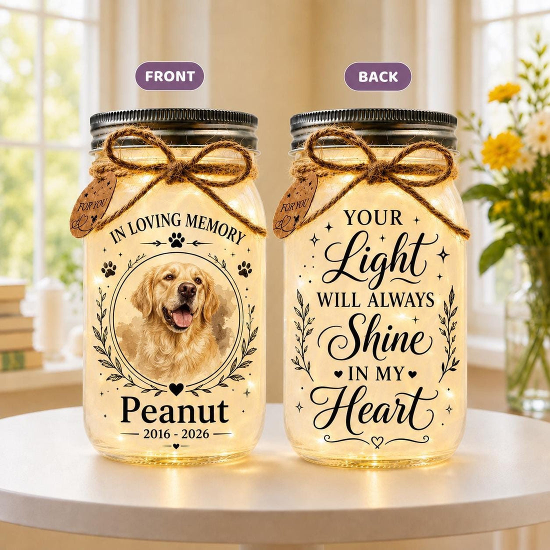 Pet Photo Memorial Jar Light, Personalized, front and back designs