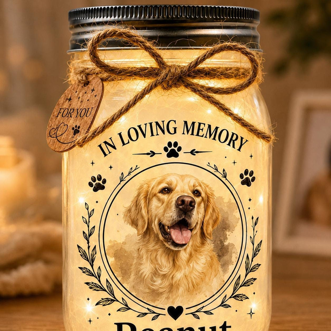 Pet Photo Memorial Jar Light, Personalized, front and back designs