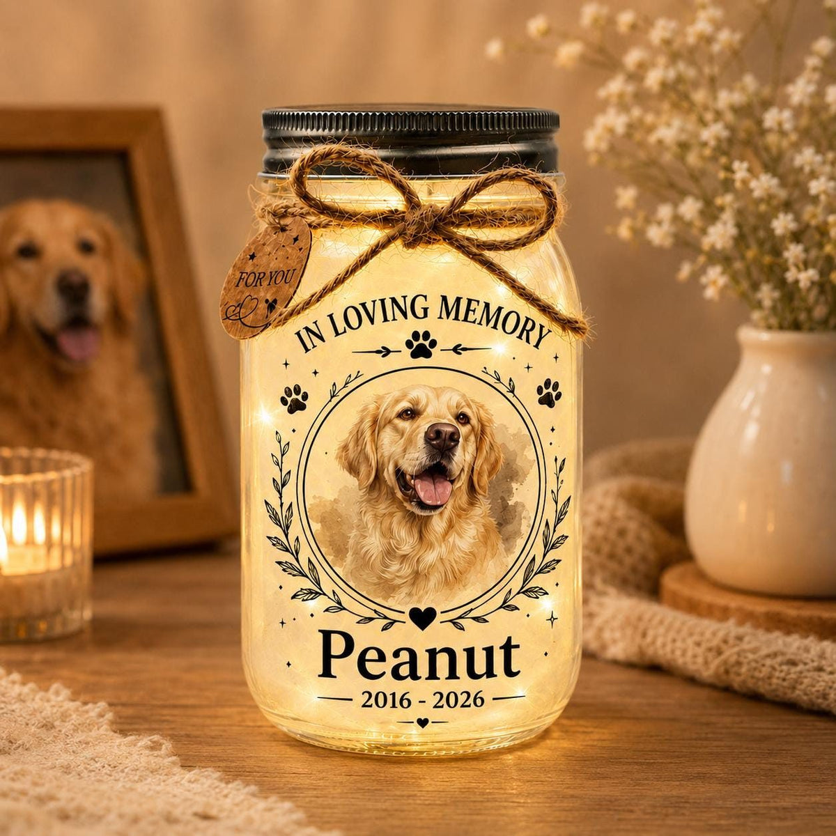Pet Photo Memorial Jar Light, Personalized, styled in a home setting (view 3)