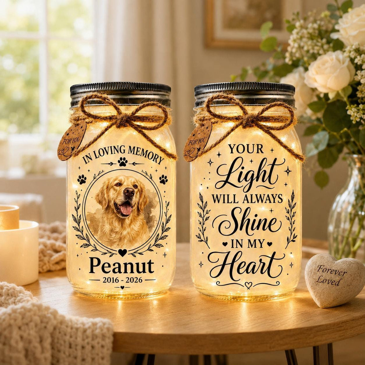 Pet Photo Memorial Jar Light, Personalized, front and back designs (view 2)