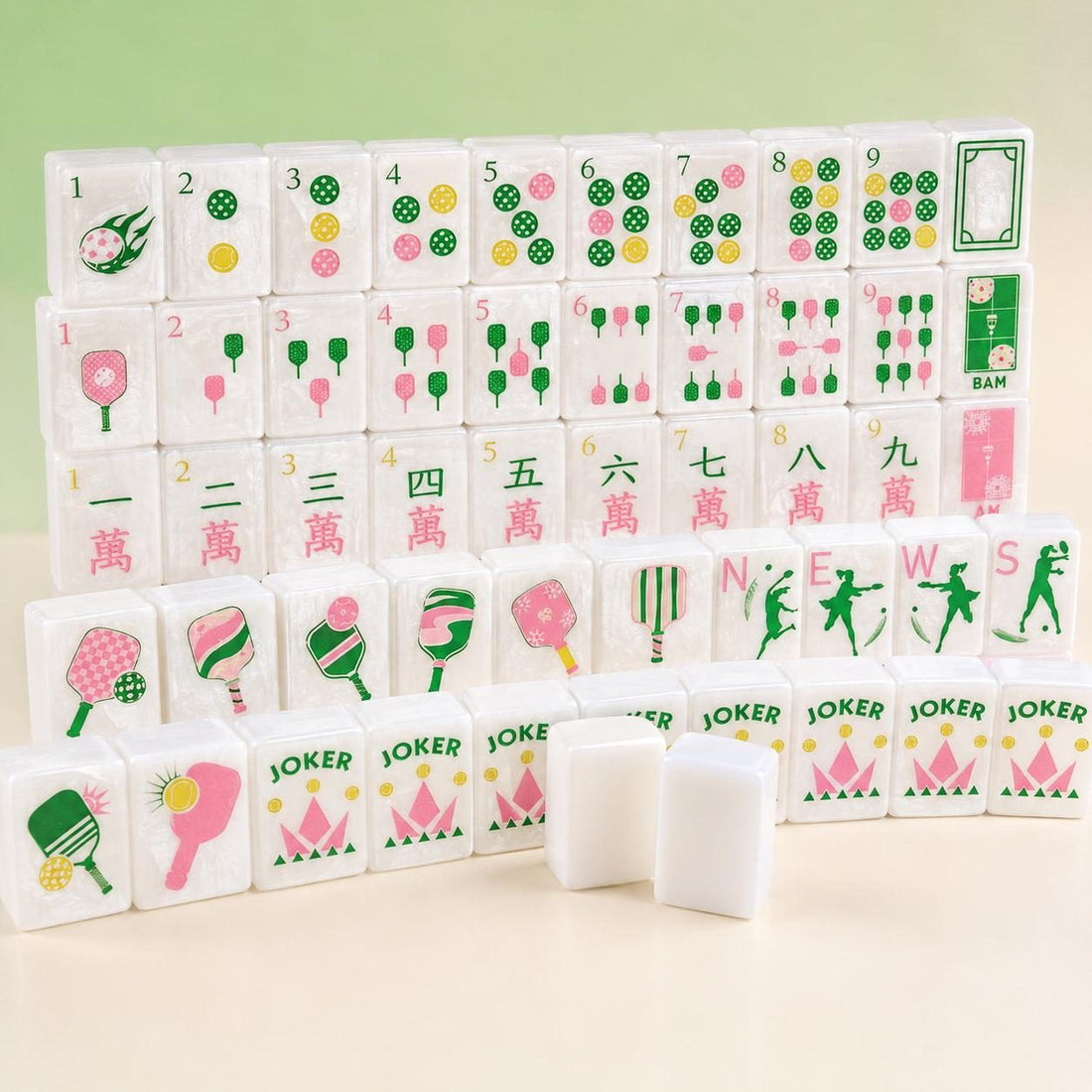 Pickleball American Mahjong Set, 152 Pearl Acrylic Tiles, full tile layout