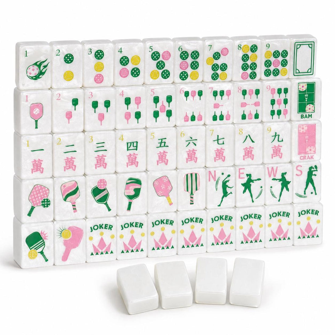 Pickleball American Mahjong Set, 152 Pearl Acrylic Tiles, full tile layout