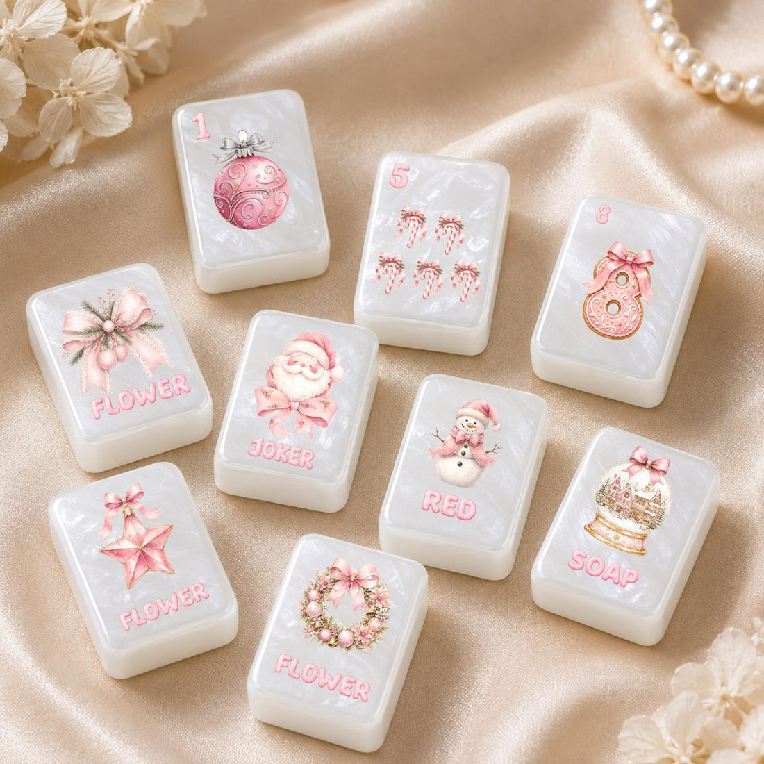 Pink Christmas American Mahjong Set, 152 Pearl Acrylic Tiles, styled in a home setting