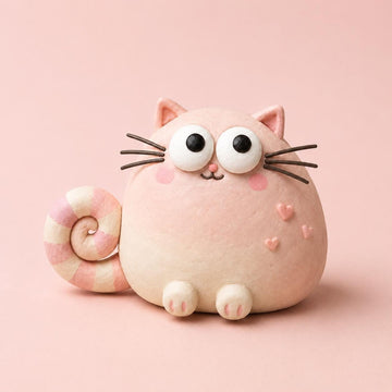 Pink Heart Cat Figurine, Pastel Clay, on a plain background
