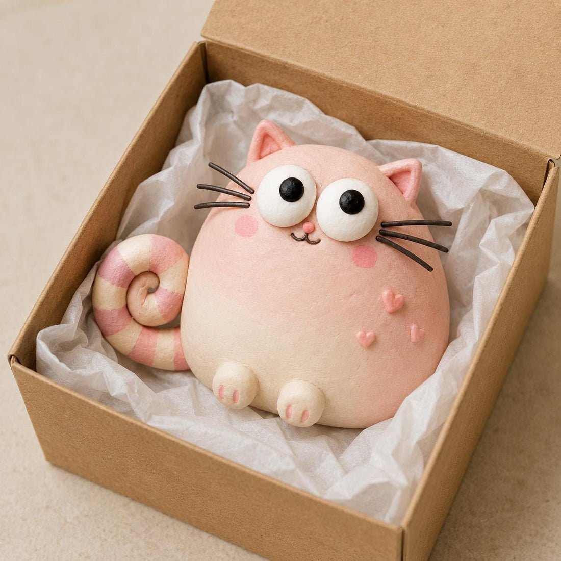 Pink Heart Cat Figurine, Pastel Clay, on a plain background