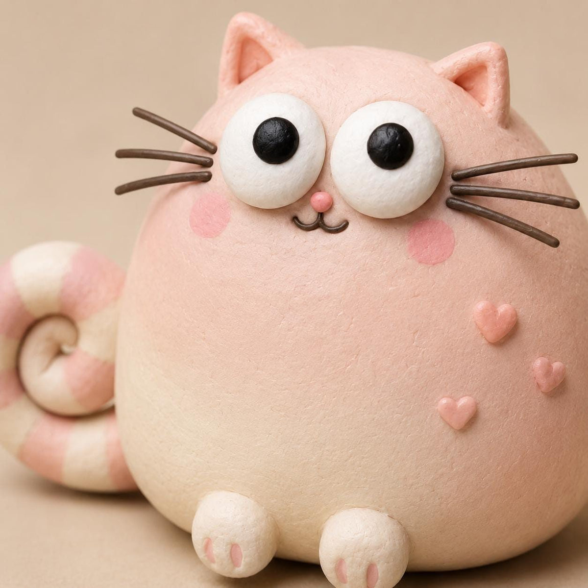 Pink Heart Cat Figurine, Pastel Clay, close-up detail