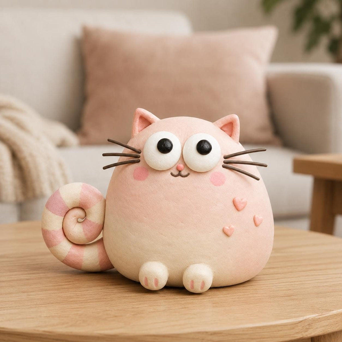 Pink Heart Cat Figurine, Pastel Clay, styled in a home setting