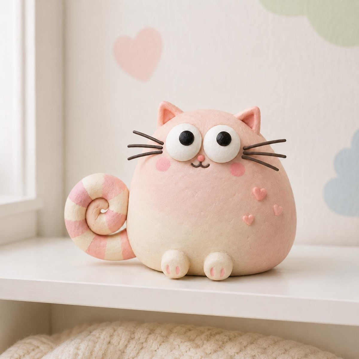Pink Heart Cat Figurine, Pastel Clay, styled in a home setting (view 2)