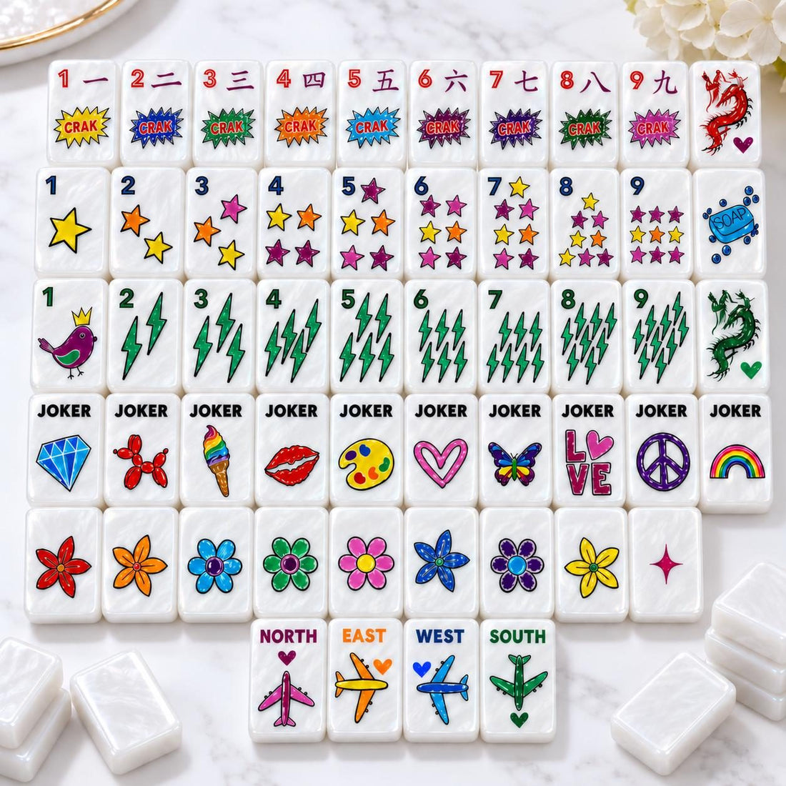 Pop Art American Mahjong Set, 152 Pearl Acrylic Tiles, full tile layout