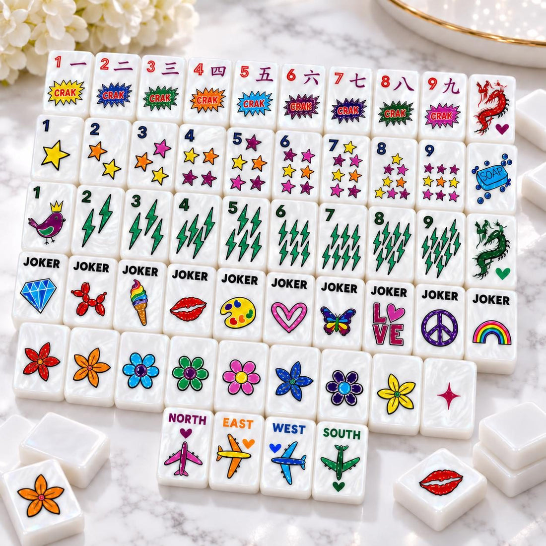 Pop Art American Mahjong Set, 152 Pearl Acrylic Tiles, full tile layout