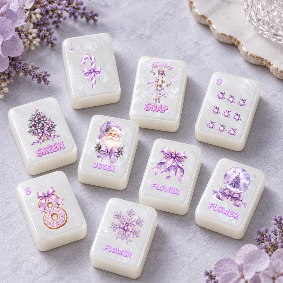 Purple Christmas American Mahjong Set, 152 Pearl Tiles, flat lay