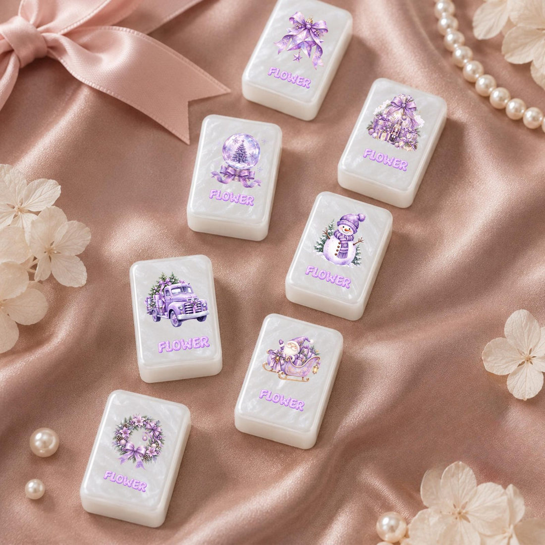 Purple Christmas American Mahjong Set, 152 Pearl Tiles, flat lay