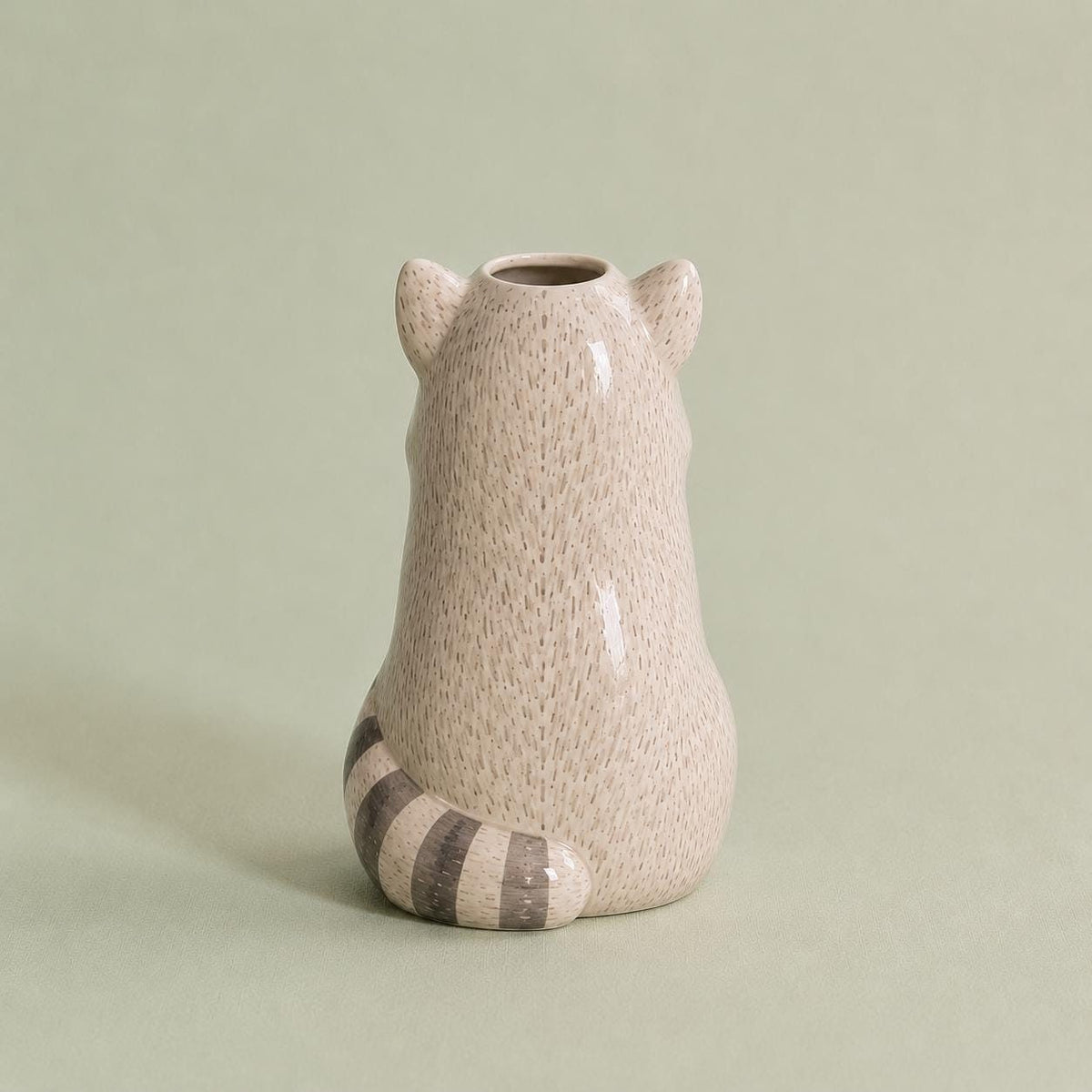 Raccoon Bud Vase, Hand-Painted Clay, back view