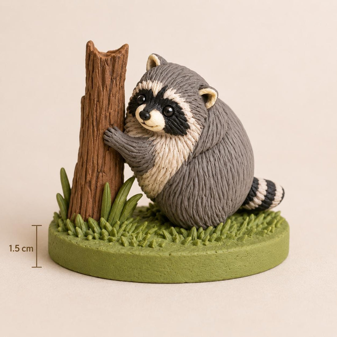 Raccoon Hugging a Tree Stump Figurine, on a plain background