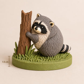 Raccoon Hugging a Tree Stump Figurine, on a plain background
