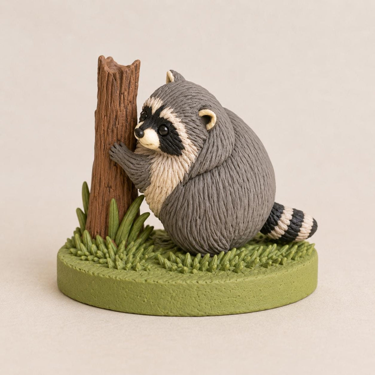 Raccoon Hugging a Tree Stump Figurine, side view (view 2)