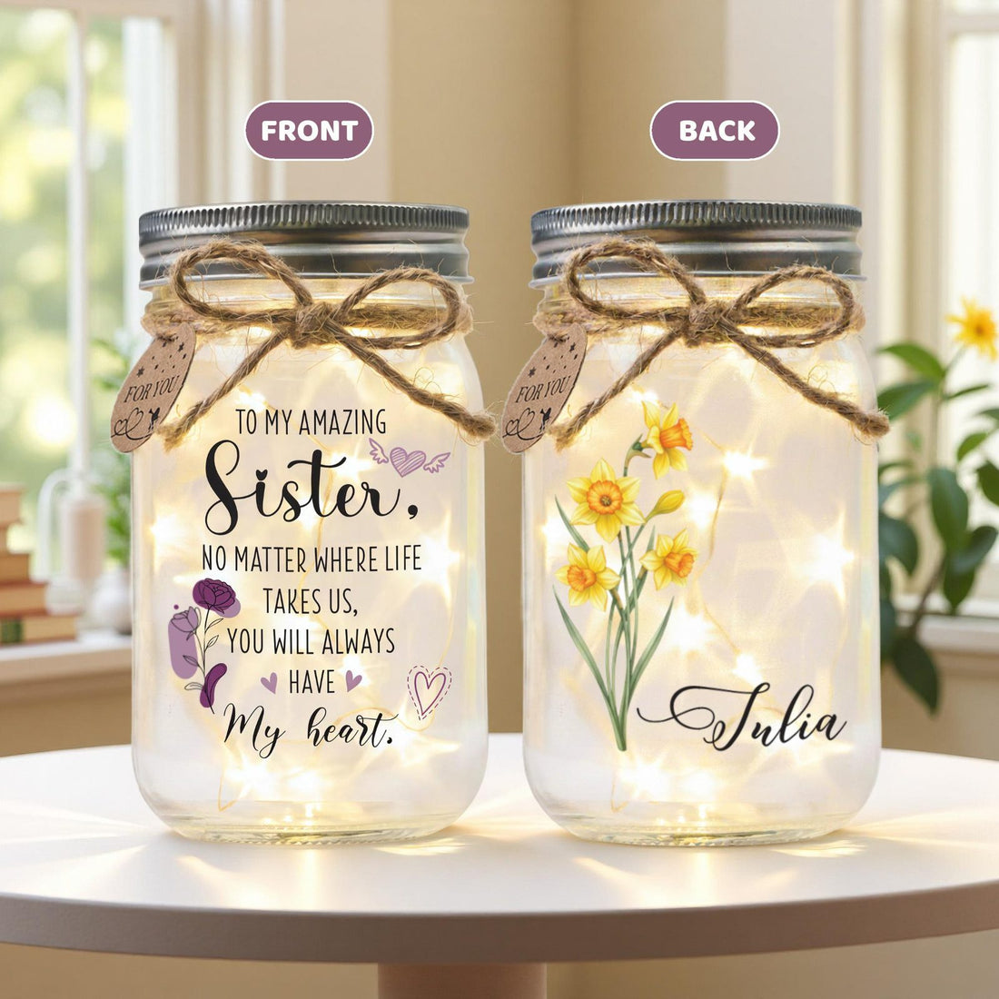 Sister Birth Month Flower Jar Light, Personalized, front and back designs