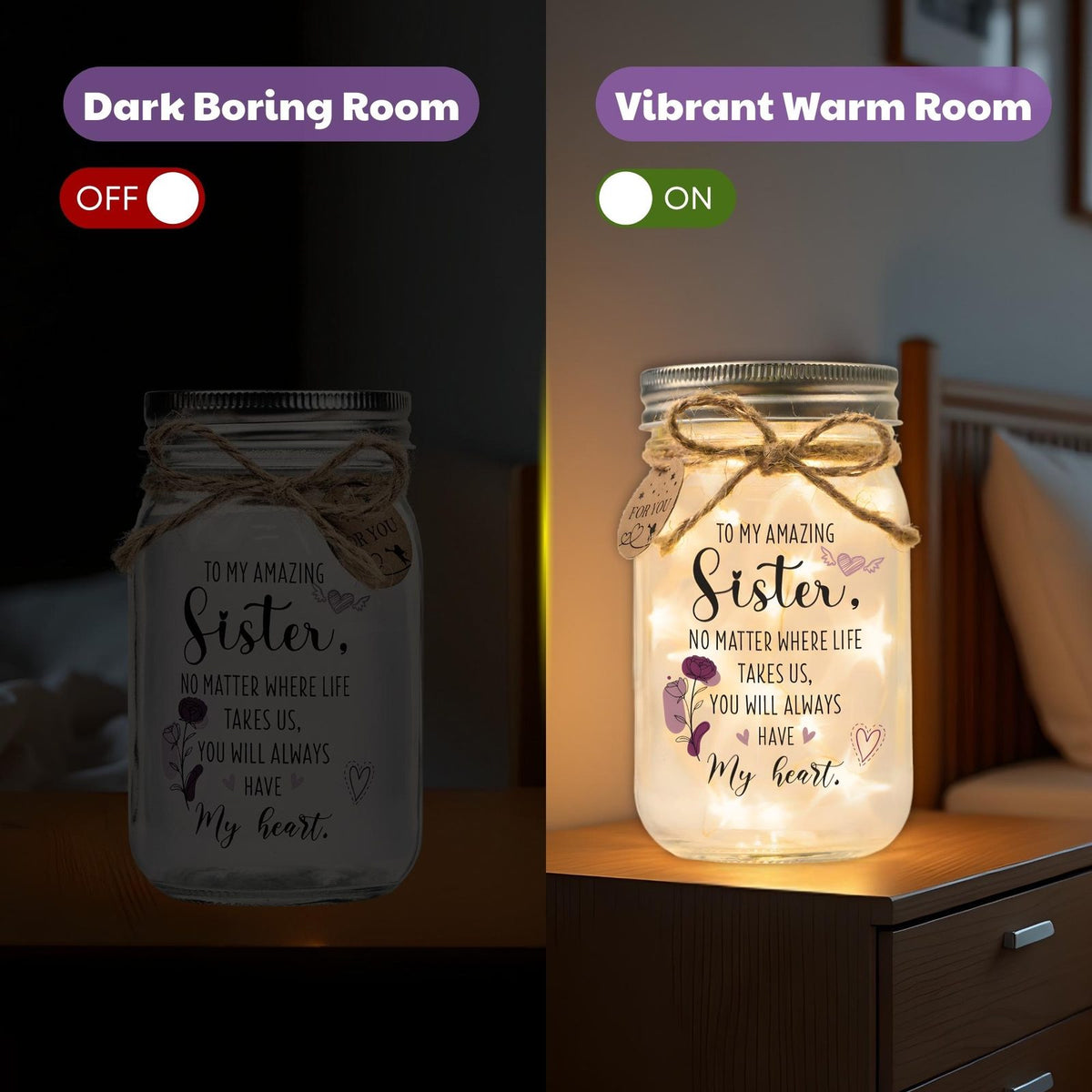 Sister Birth Month Flower Jar Light, Personalized, lit and unlit comparison
