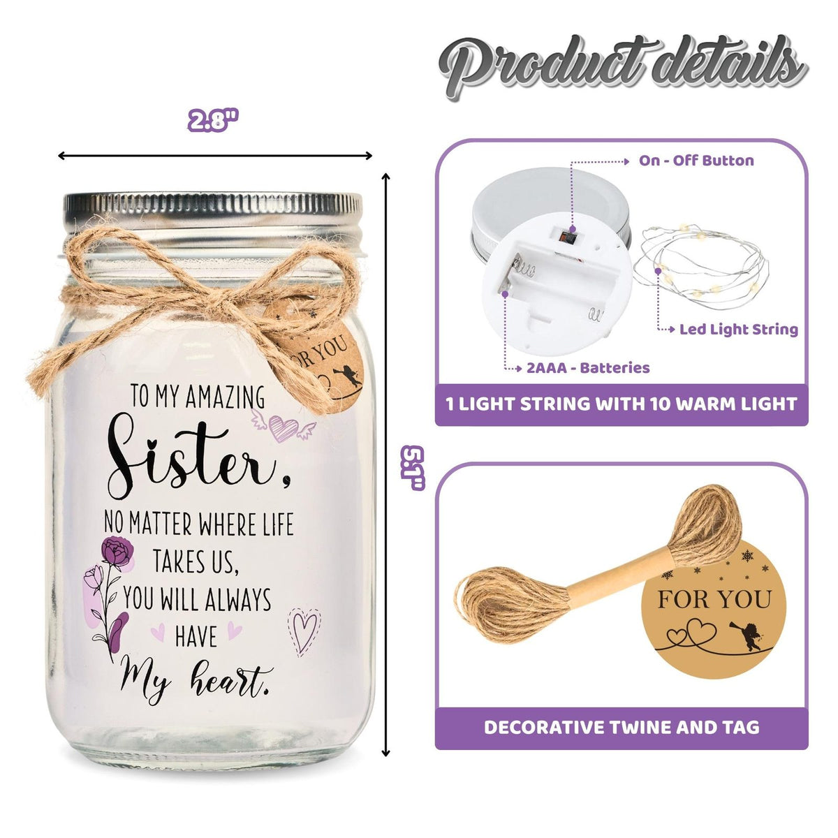 Sister Birth Month Flower Jar Light, Personalized, size and parts