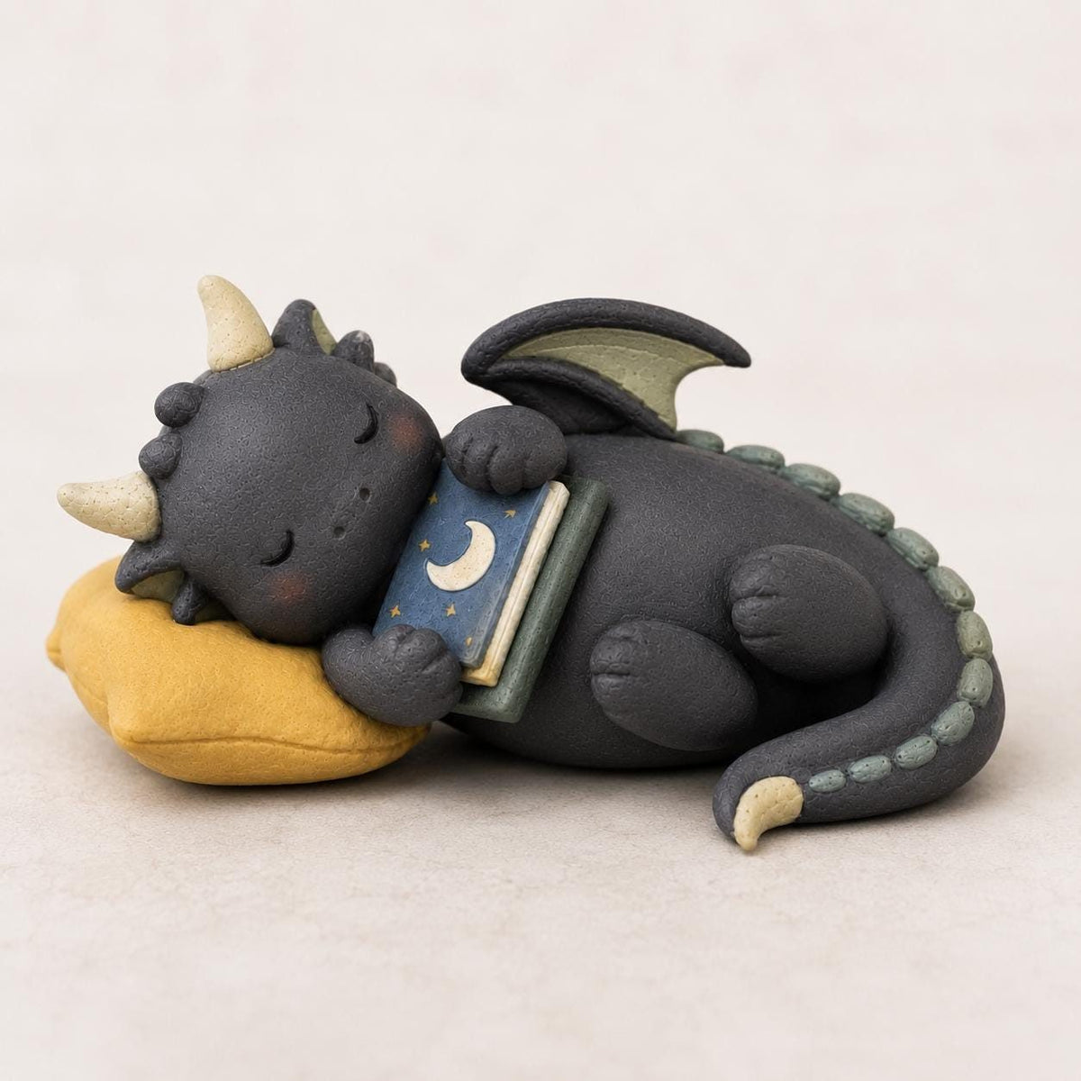 Sleeping Dragon with a Moon Book on a Yellow Pillow, on a plain background (view 2)