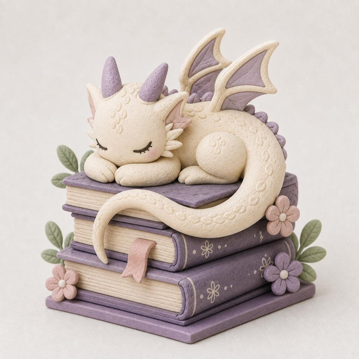 Sleeping Pastel Dragon on Lavender Books Figurine, on a plain background