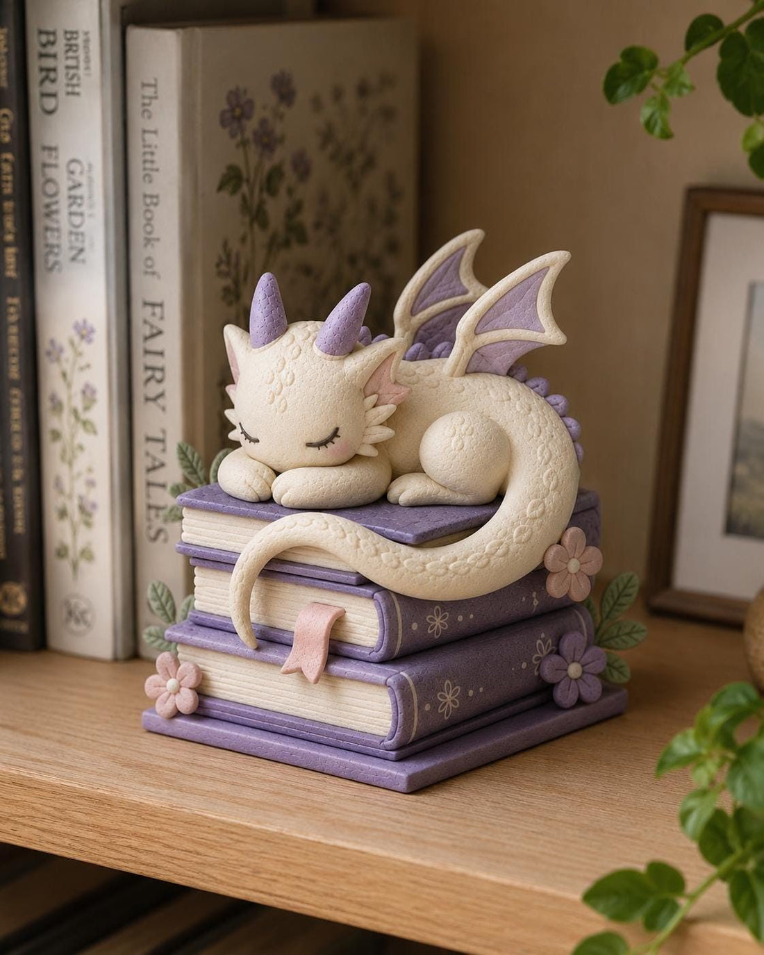 Sleeping Pastel Dragon on Lavender Books Figurine, on a plain background