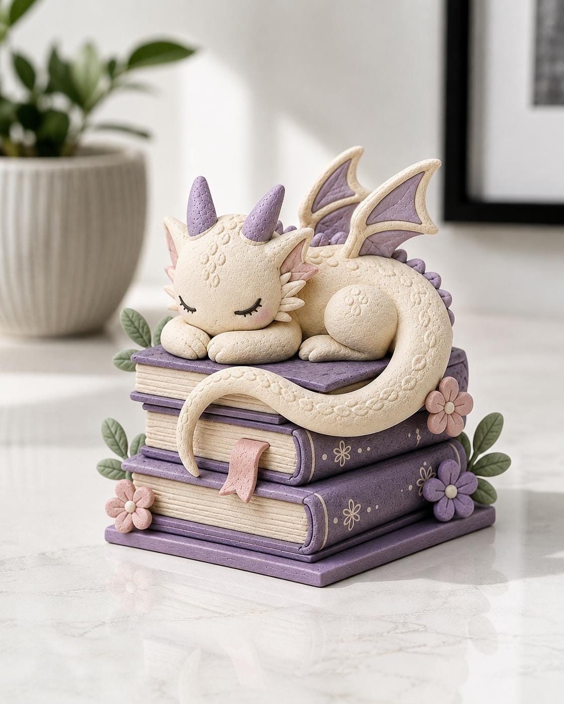 Sleeping Pastel Dragon on Lavender Books Figurine, styled in a home setting (view 3)