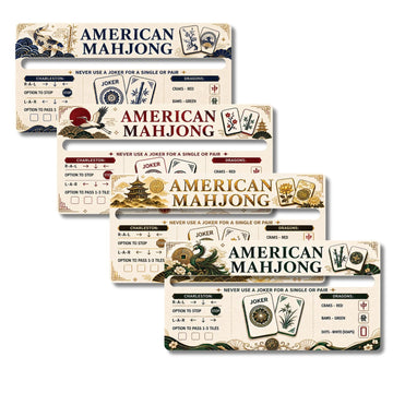 Four American mahjong line reader cards with Koi, Crane, Pagoda and Peacock designs, fanned out