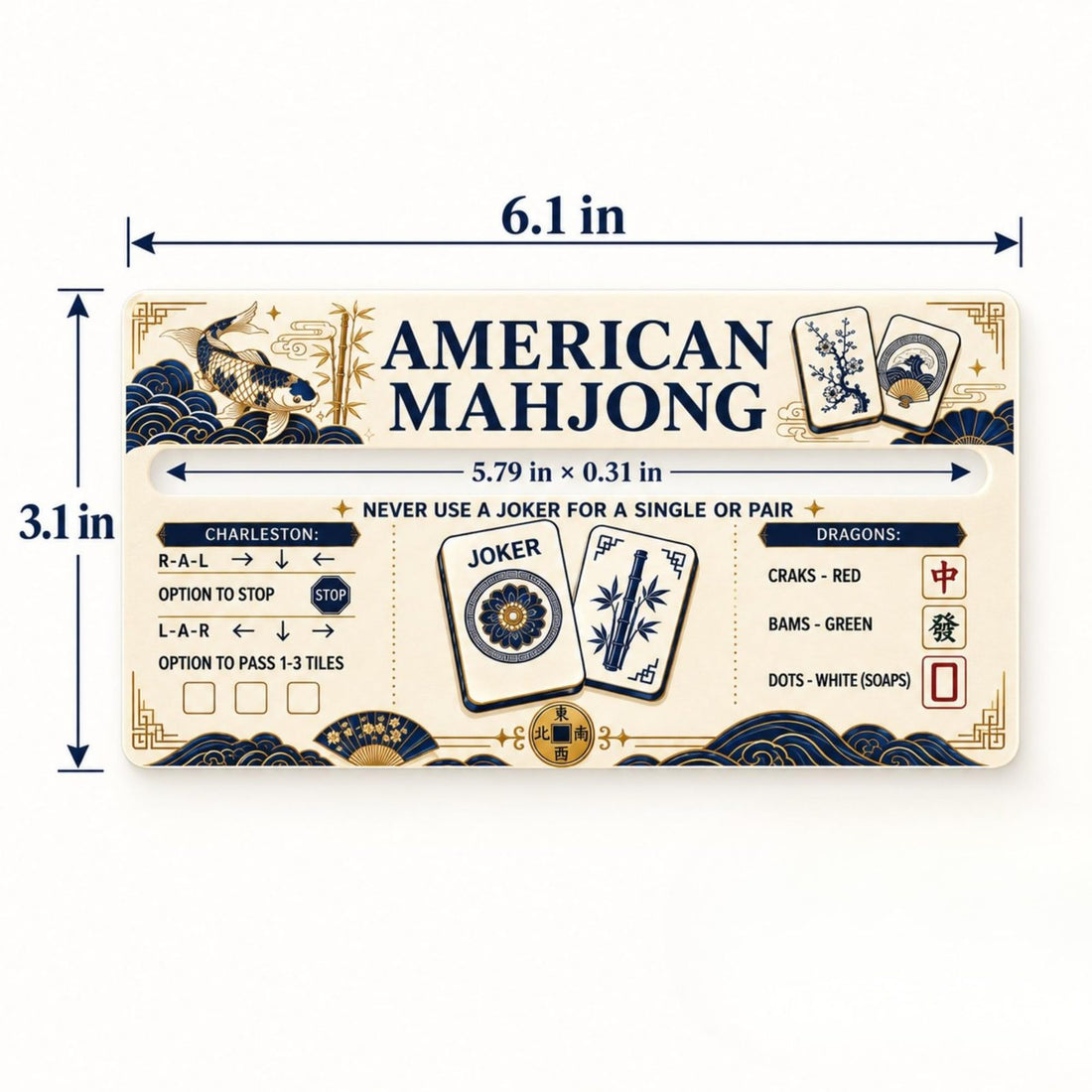 Four American mahjong line reader cards with Koi, Crane, Pagoda and Peacock designs, fanned out
