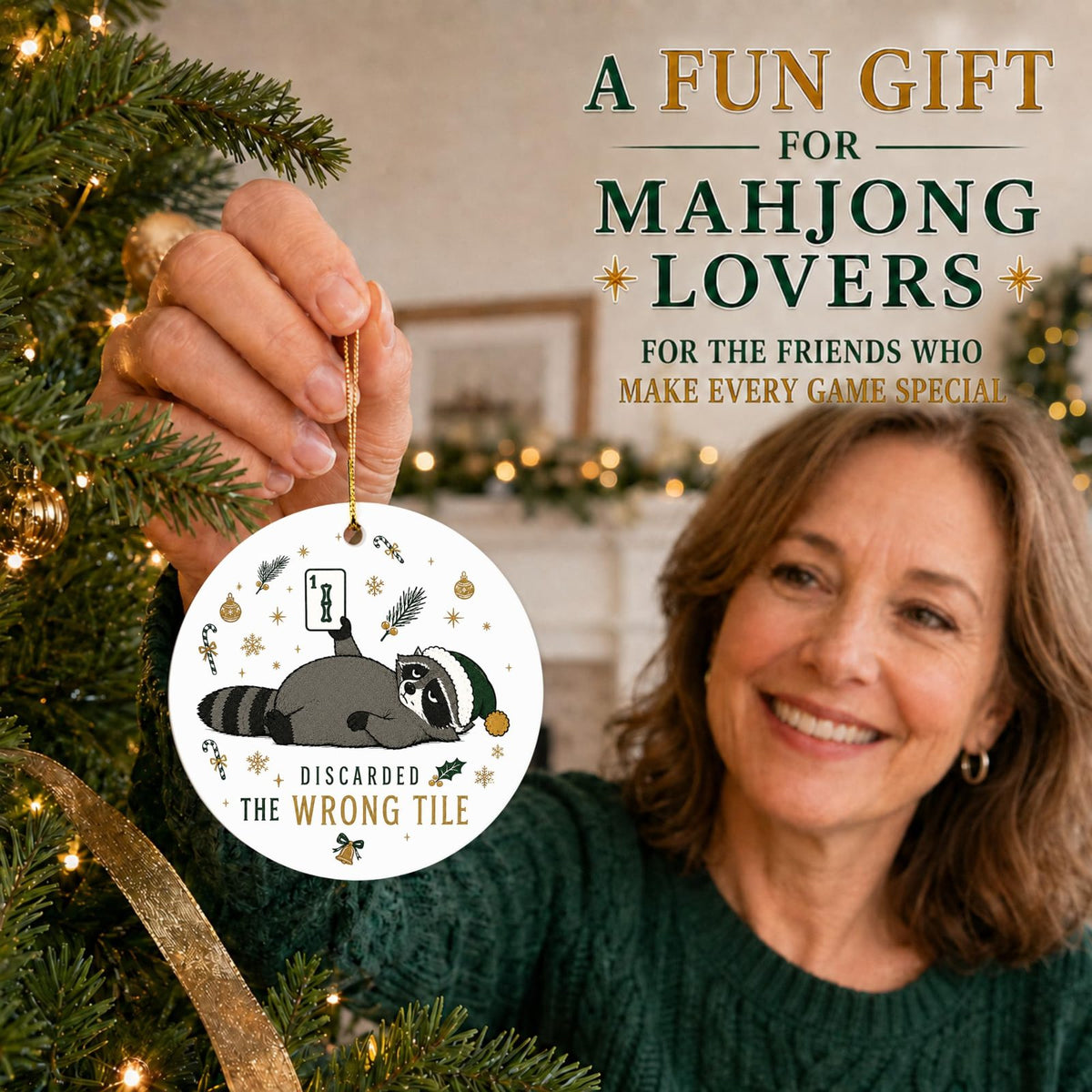 Discarded the Wrong Tile Raccoon Ornament, Funny Mahjong Acrylic Keepsake, view 3