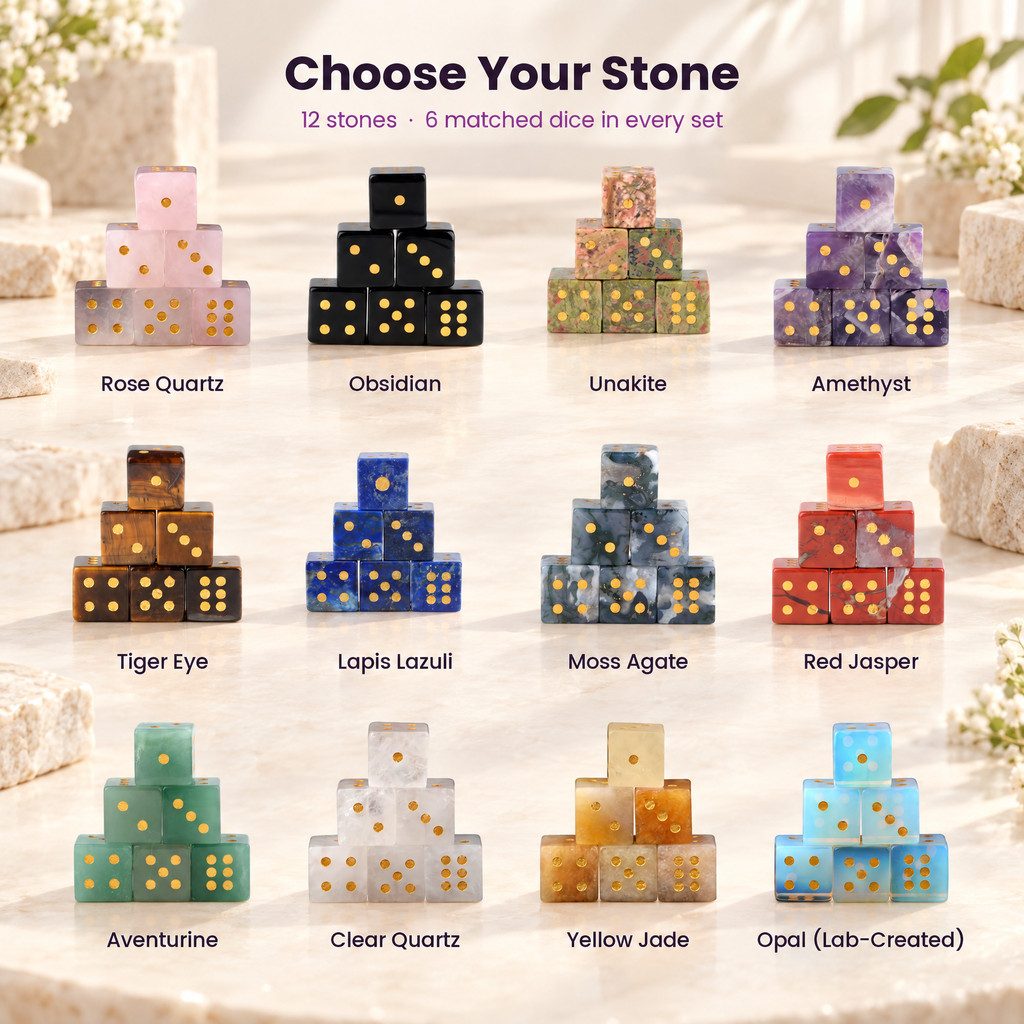 Natural Gemstone Mahjong Dice, Set of 6, product photo