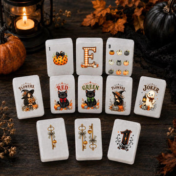 Gingham Pumpkin Halloween American Mahjong Set, 152 Pearl Tiles, tiles with pumpkins, black cats and a ghost joker