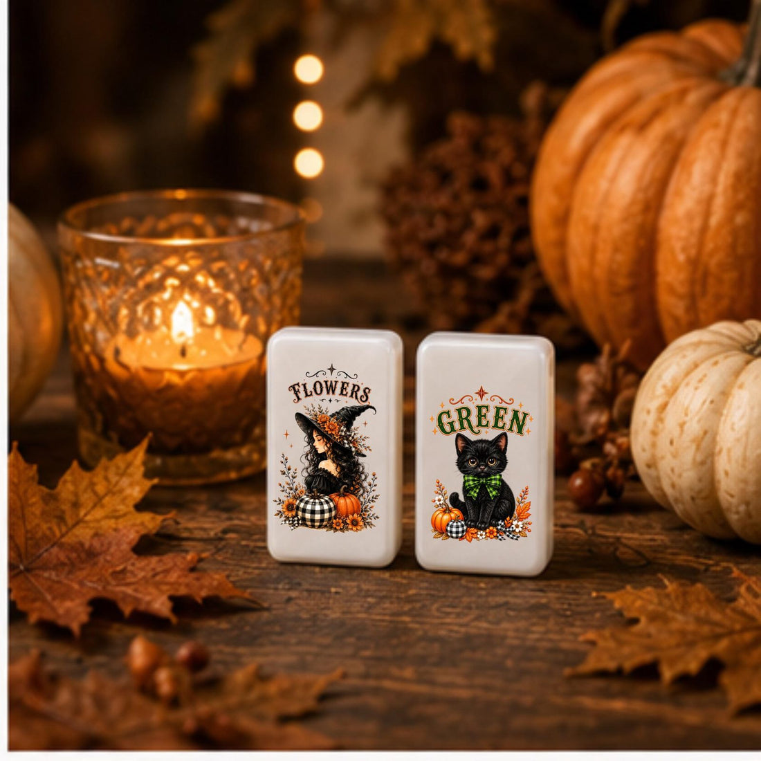 Gingham Pumpkin Halloween American Mahjong Set, 152 Pearl Tiles, tiles with pumpkins, black cats and a ghost joker