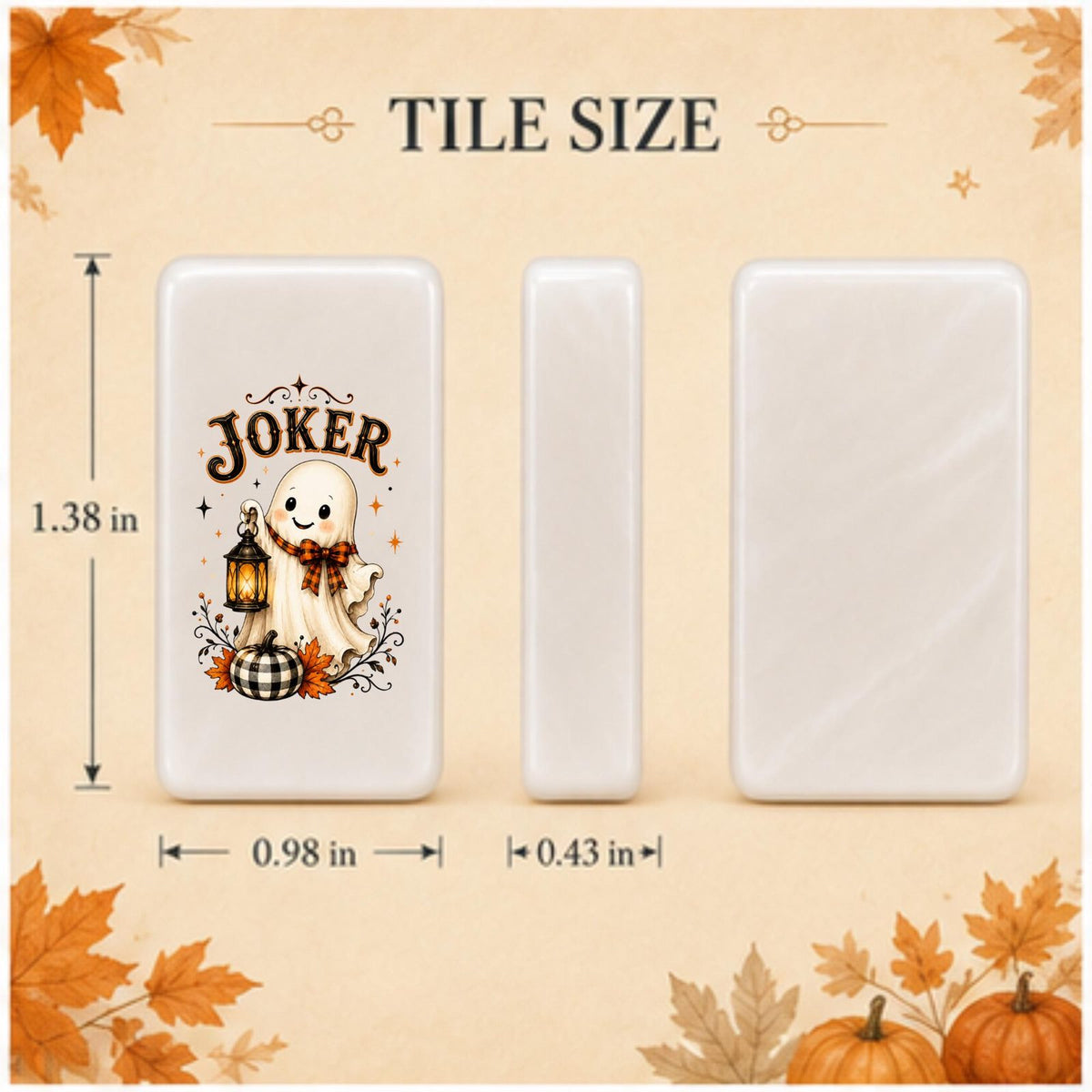 Gingham Pumpkin Halloween American Mahjong Set, 152 Pearl Tiles, tile size guide