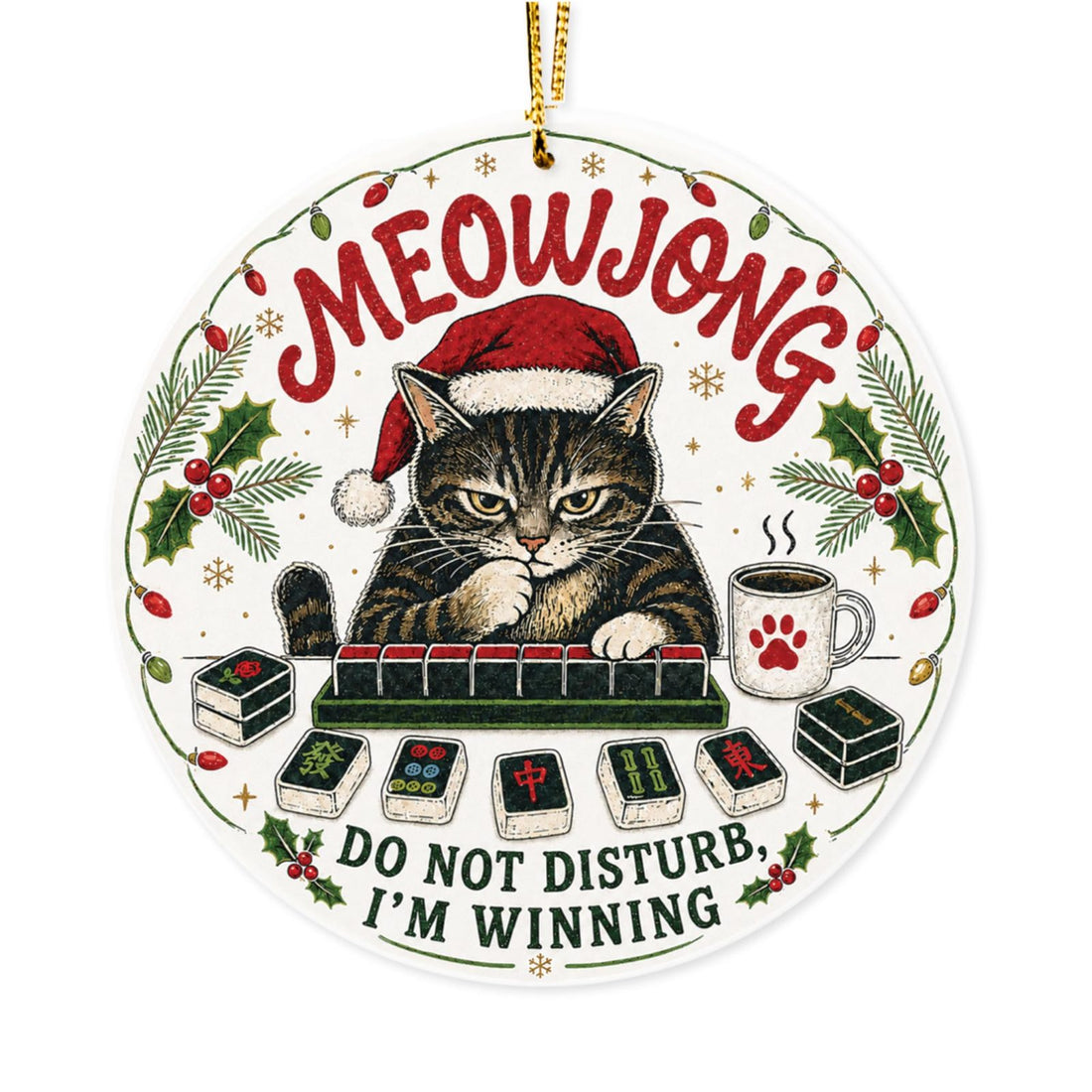 Round acrylic ornament with a cat in a Santa hat behind a rack of mahjong tiles and the words Meowjong Do Not Disturb I'm Winning