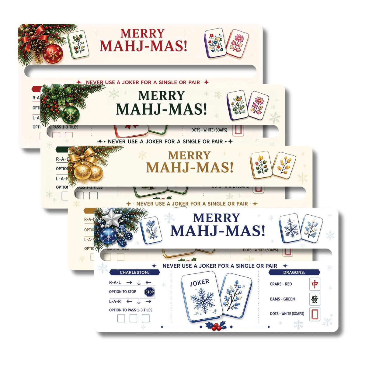 Four clear acrylic mahjong line reader cards with Merry Mahj-Mas designs in red, green, gold and blue