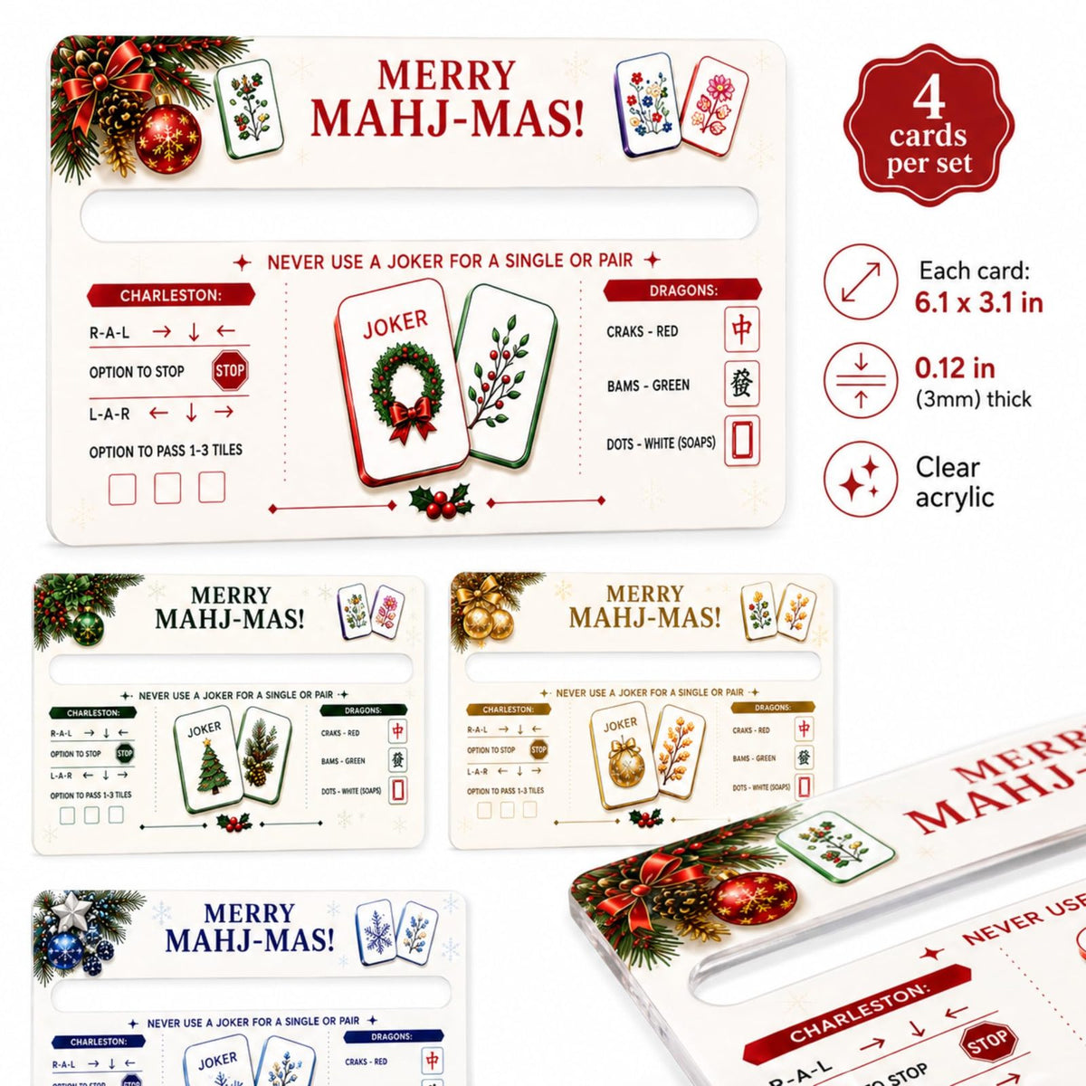 Merry Mahj-Mas Mahjong Line Reader Cards, 4-Pack Clear Acrylic Set, view 2