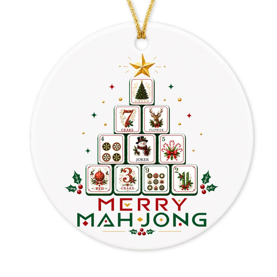 Round white ceramic ornament with mahjong tiles stacked into a Christmas tree and the words Merry Mahjong