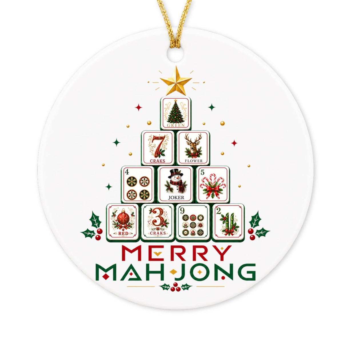 Round white ceramic ornament with mahjong tiles stacked into a Christmas tree and the words Merry Mahjong