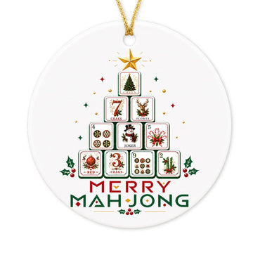 Round white ceramic ornament with mahjong tiles stacked into a Christmas tree and the words Merry Mahjong