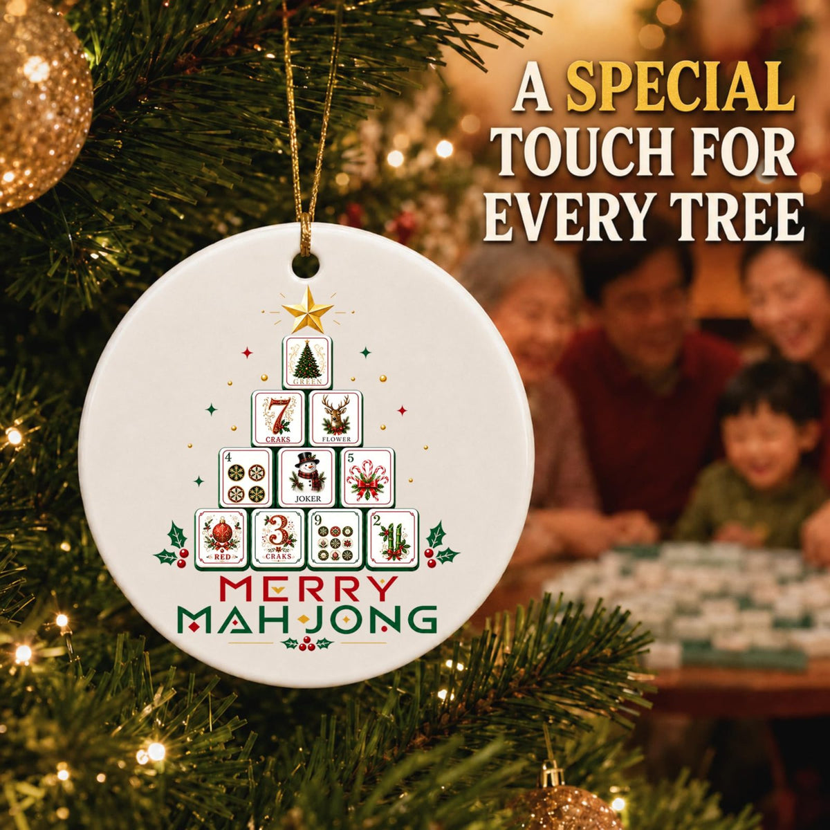 Merry Mahjong Christmas Tree Ornament, Mahjong Tile Tree Ceramic Keepsake, view 3
